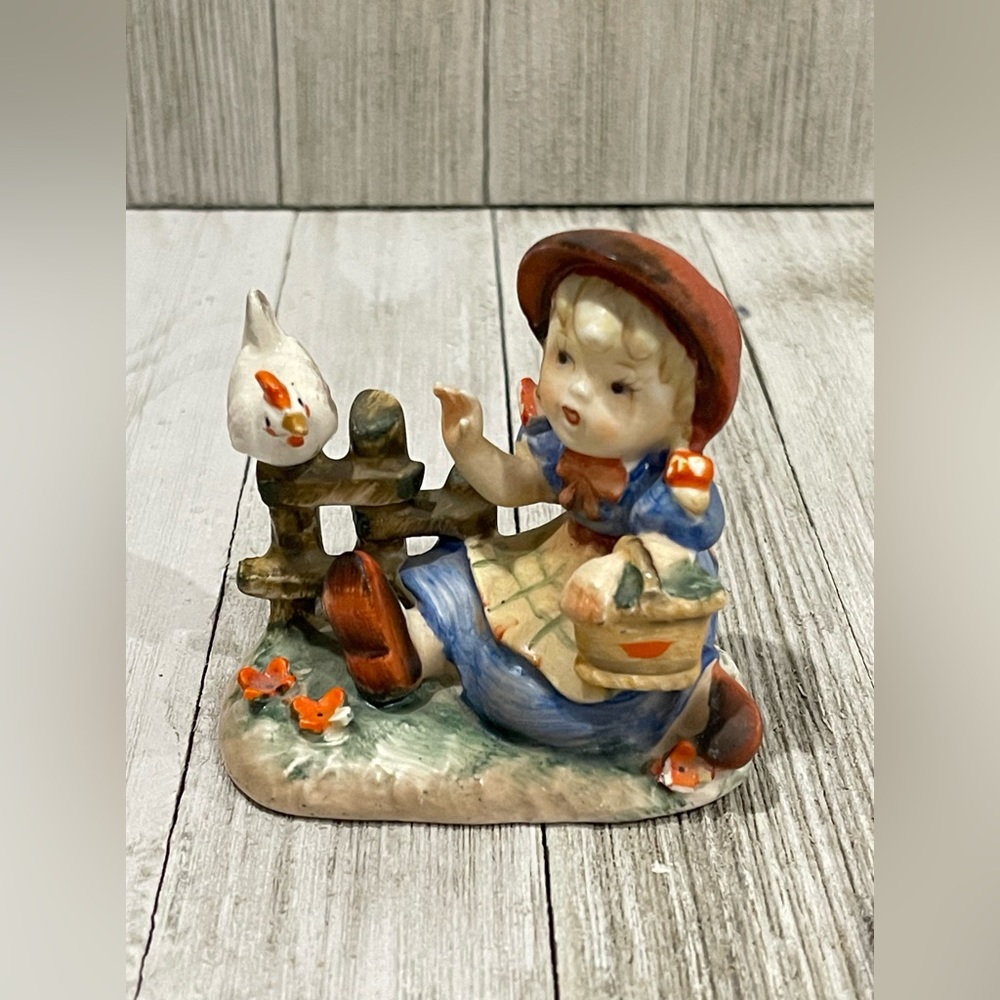 Backyard Harmony Girl with Rooster porcelain figurine Erich Stauffer - Vintage